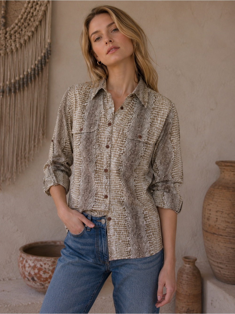 Vtg Studio Works Snakeskin Crocodile Print Button Down Blouse Size Small Y2K